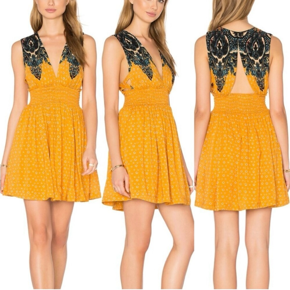 Free People Gold Smocked Tiered Sundress